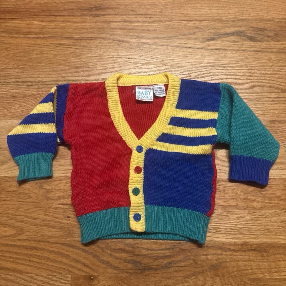 Vtg 80s/90s Baby Kisses Color Block Stripes Cardigan Sweater 18 Months